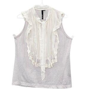 Aryn K. Pleated Sheer Bib Trim Tie Neck Sleeveless Wool Silk Blouse Cream Medium